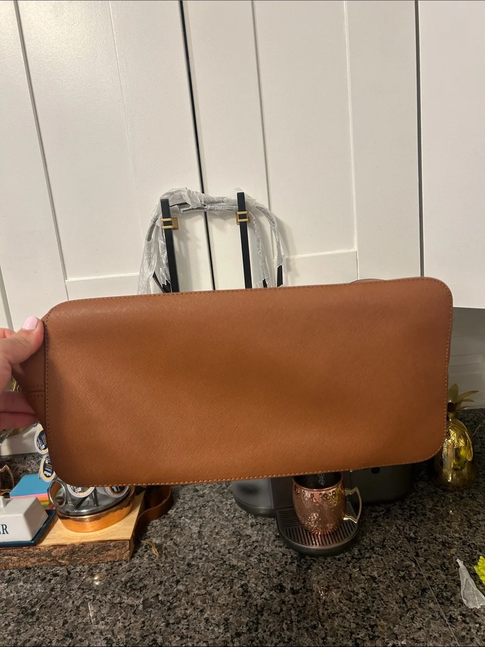 Michael Kors Two-Tone Saffiano Leather Tote in Brown, White and Black Trim